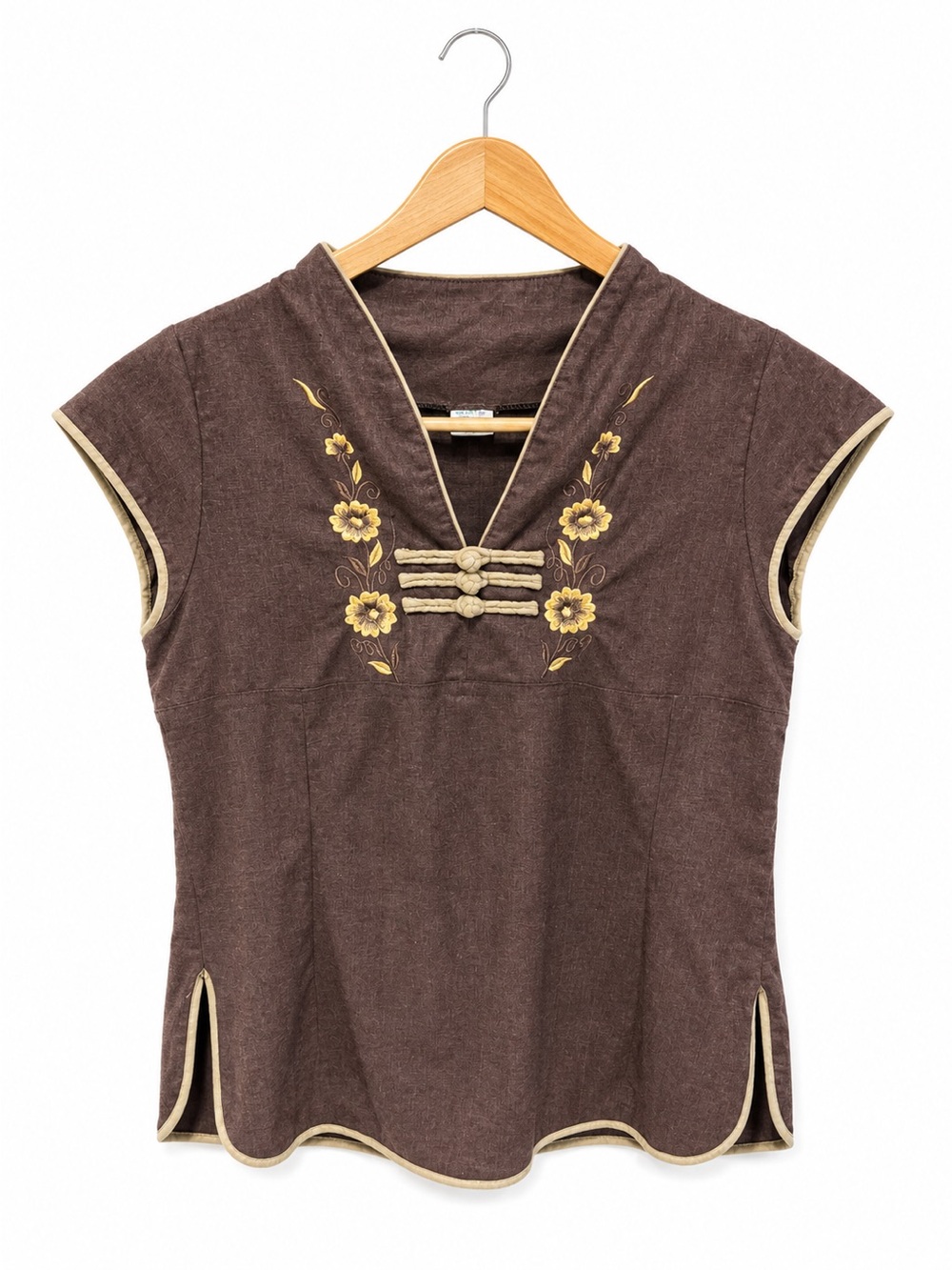 Vintage Y2K Linen Embroidered Mandarin Asian Frog Closure Top Brown Small